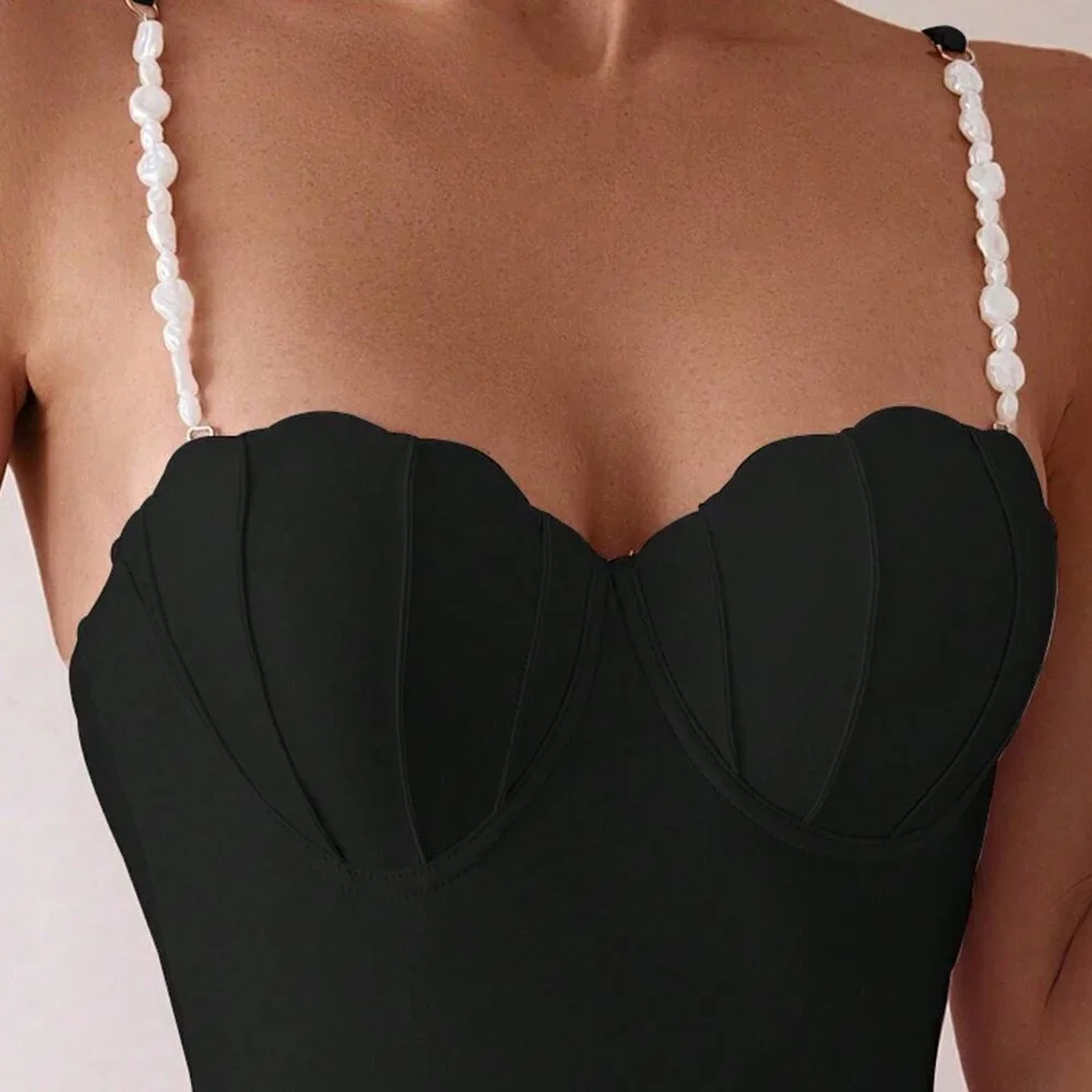 Black Cute Women's Iridescent Faux Pearl Decorated One-Piece Swimsuit